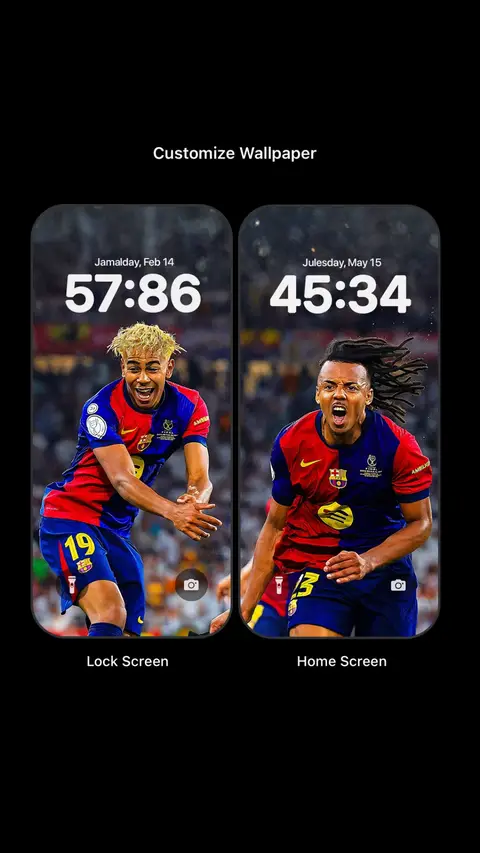 The image showcases a phone screen divided into two sections, each displaying a football player in a vibrant team uniform on a blurred background. The left section shows a player looking excited with a blonde hairstyle, while the right displays another player with braids looking with an open mouth The interface suggests a wallpaper customization feature.