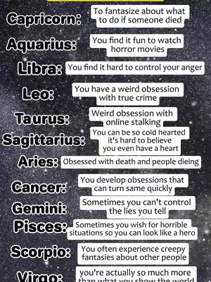 A graphic with a starry night background. In the image, there's a list of zodiac signs, each paired with a statement describing a characteristic associated with that sign.