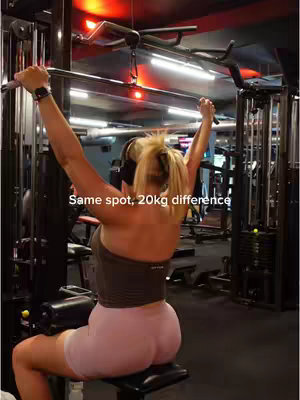 The cover image features a woman from the back during a lat pulldown exercise in the gym. She is wearing a brown sports top and pink shorts. The gym equipment is visible in the background, and there's text overlayed on the image. The lighting suggests an indoor setting.