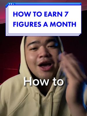 A man in a cream hoodie speaks while looking at the camera. Above him is a white rectangle with the text "How to earn 7 figures a month" in blue. Below the text is the phrase "How to" in a larger white font.