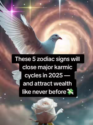 The image features a vibrant, swirling galaxy background with a white dove in the center, wings spread in flight. Below, a white rose rests softly at the bottom, with the overlay text in a black rectangle with the title and description text in white, the overlay also includes the lucky symbol. The overall aesthetic blends spirituality, fortune.