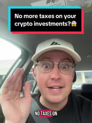 The cover image shows a man inside a car, talking towards the camera with an excited expression. A text overlay reads 'No more taxes on your crypto investments?' in a colored rectangle. The man is wearing glasses and a white cap and is in a well-lit setting.