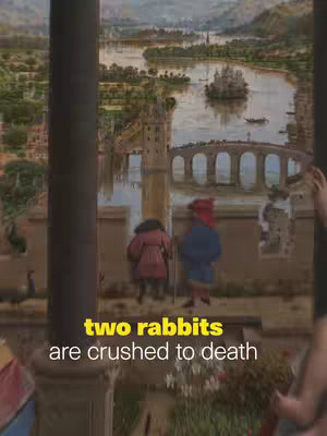 The image shows a portion of a Renaissance painting by Jan van Eyck with people standing on a balcony overlooking a detailed landscape with a curved bridge spanning a river. Text overlayed reads "two rabbits are crushed to death".