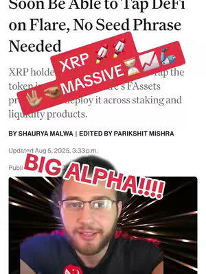 The cover image shows a screenshot of an article about XRP on top of the creator speaking on camera. The article is partially visible and overlaid with a red, slanting banner that says "XRP MASSIVE" with rocket and money bag emoji. Below that, in the foreground, the creator is speaking to the camera with a large 'BIG ALPHA!!!' text overlay on the bottom.