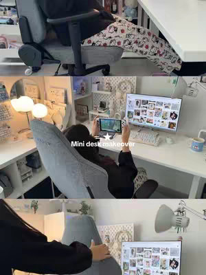 A three-paneled image features a well-lit desk setup with a person at the desk in each panel. The top panel shows a close up of the person in a comfortable gray chair, wearing black top and patterned pajama pants. The middle panel shows the person holding a handheld gaming device, looking at the monitor and gaming console, with text overlayed on the image that states "Mini desk makeover." The bottom panel shows the person handling the chair, with the desk, monitor, and a bright lamp visible.