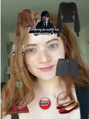 A selfie-style image featuring a young woman with auburn hair, light eyes, and a slight smile. The image is overlaid with various clothing and accessory items and a text overlay with the caption along with elements inspired by the Wednesday Addams character.