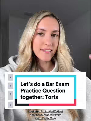 A young woman with blonde hair is centered in the frame, facing the camera with a soft smile. She wears a light gray hoodie. Behind her, a plain wall is visible, with a box overlay at the bottom containing questions and answers, the title is "Let's do a Bar Exam Practice Question together: Torts".