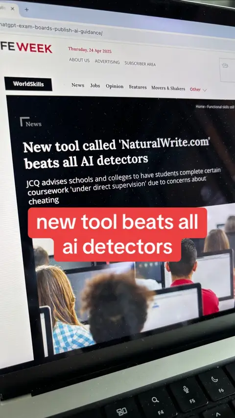 A laptop screen displays a news article from "IFE WEEK" with the headline "New tool called 'NaturalWrite.com' beats all AI detectors". A red rectangle with white text promoting the tool as beating AI detectors is overlaid partly across the the article and and covering part of the image of a classroom. The background shows students sitting at computers, with their backs to the camera. A black keyboard is visible in the foreground.