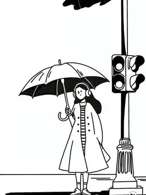 A black-and-white illustration depicts a person with an umbrella walking under a streetlight. The person is wearing headphones and a coat. Rain is suggested above, and the style is simple and graphic with clean lines.
