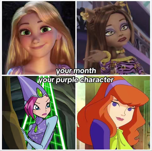 A collage featuring four cartoon images representing different characters, with text overlaid that reads 'your month' and 'your purple character'. The layout is a 2x2 grid, each square containing a character. The characters include Rapunzel, a Monster High character, Winx Club character, and Daphne from Scooby-Doo.