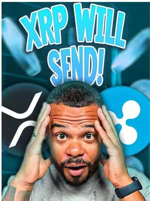 A man with a surprised expression is the central figure. He has his hands on his head, with eyes wide open. The background features a logo of a crypto coin with an outline of the coin on the right.
