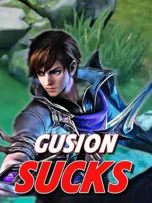 The cover image features a digitally rendered image of a male character from what appears to be a video game. He has short, dark hair with a side-swept fringe, and is posed with a serious expression. He's wearing a light-colored top with a high collar and a dark blue cape or shoulder piece, complemented by sharp, angled elements. The background includes a blurred green landscape and rocks, suggesting an outdoor setting. Overlayed on the image are the words 'GUSION SUCKS' in bold, red lettering, positioned prominently across the bottom third of the image.