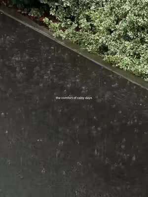 The image shows a close-up of rain falling on a dark, wet surface, likely a pavement or road.