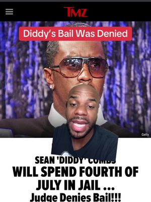 The cover image is a screenshot of a TMZ webpage. In the bottom of the image, the creator, a Black man, is giving commentary. The image has several layers. The background consists of blurry purple and blue lights. Overlaying the background is the TMZ logo. The main focus is a picture of Sean 'Diddy' Combs in sunglasses. Below the main picture, the creator is speaking, his face is the focal point. On top of the picture of Diddy and the creator is a textual hook in a red box. Below the hook is a black banner with the words "SEAN 'DIDDY' COMBS WILL SPEND FOURTH OF JULY IN JAIL...Judge Denies Bail!!!".