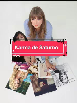 The cover image features a woman in a light blue top, positioned centrally. She is surrounded by several album covers beneath her, with a second person's obscured face visible to her left. The background is plain white, providing neutral illumination. A red rectangular banner with white text indicating "Karma de Saturno" is overlaid in the center of the image.