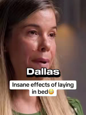 A close-up shot of a woman with blonde hair and a green top looking slightly distressed. There is text overlay on the image that reads "Dallas", and below it a banner saying "Insane effects of laying in bed" with an emoji.