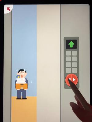The image shows a screen from a mobile game. A cartoon man is standing to the left, holding a box filled with papers. He appears stressed, with sweat droplets around his head. To the right, the image features an elevator control panel with an up arrow lit up. A hand holding a stylus is pointing at the play button.