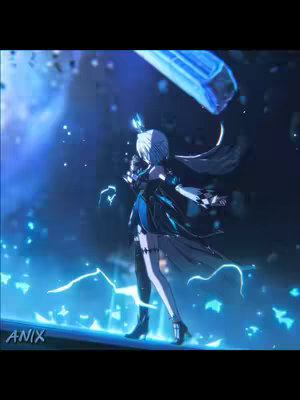 A digital artwork featuring a female anime-style character in a dynamic pose. The character has white and highlighted hair, and wears a dark outfit with blue accents. The background is a dark, abstract space filled with glowing blue particles and a large, oblong, glowing blue object. The color palette is dominated by blues and blacks, creating a cool, futuristic aesthetic.