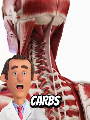 An image showcasing a 3D anatomical model of the human neck and spine, set against a white background. Overlayed over this are a cartoon doctor in a lab coat and the word 'CARBS' in a bold font.