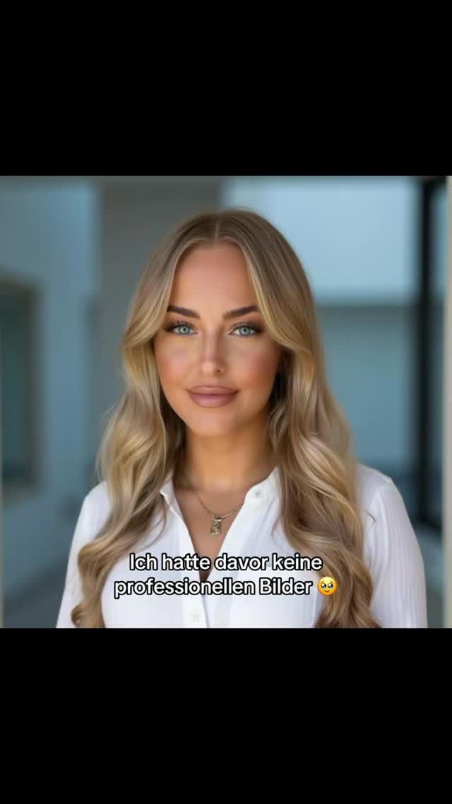 A woman with long blonde hair and a white shirt is looking at the camera. Text overlay at the bottom of the image indicates the subject's previous lack of professional photos.