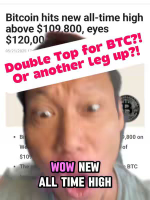 The cover image shows a man with a startled expression, overlaid with text about Bitcoin and its all-time high. The man's face takes up most of the frame, with text overlays in pink, white, and other colors.