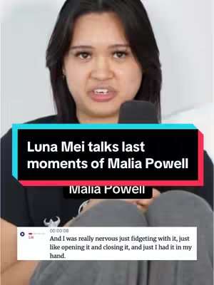 The cover image features a woman in a close-up shot, speaking into a microphone. Text overlay shows video's title: "Luna Mei talks last moments of Malia Powell." A smaller white box displays a comment with a timestamp, indicating the video's focus, with text that matches the content.