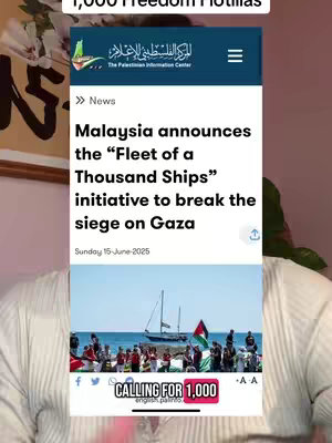 The cover image shows a screenshot of an article displayed on a smartphone. The article is about Malaysia announcing an initiative to break the siege on Gaza. Below the article image is a photo of a group of people with boats and a Palestinian flag. The bottom of the image includes overlaid text, indicating a call to action.