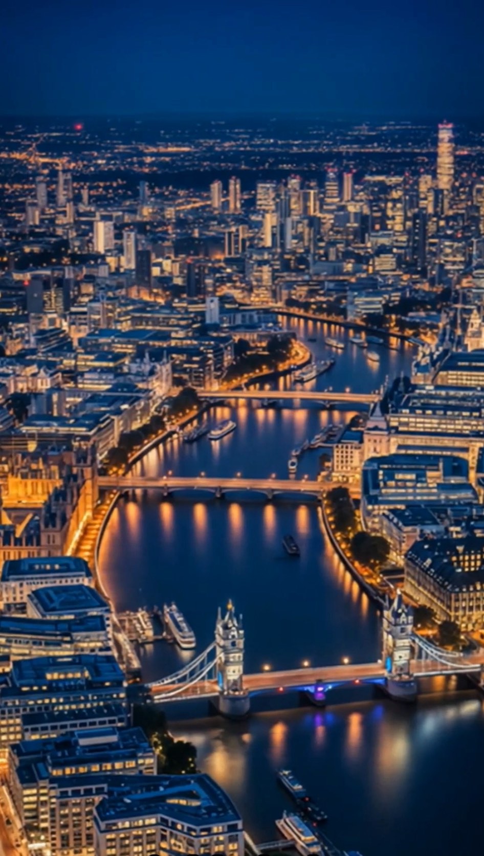 An aerial view of London at night featuring multiple bridges over a wide river, with brightly lit buildings and city lights in the background. The Tower Bridge is prominent.