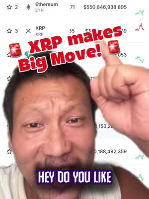 A man with a surprised expression pointing up towards a graphic overlaid on top of a cryptocurrency-related data screen. The overlaid text proclaims 'XRP makes Big Move!'