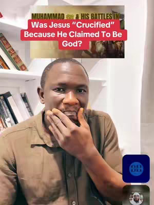 A man with a serious expression sits in front of what appears to be a shelf of books. In the background above his head is a graphic that presents text centered around a religious debate. A social media icon is in the bottom right corner.