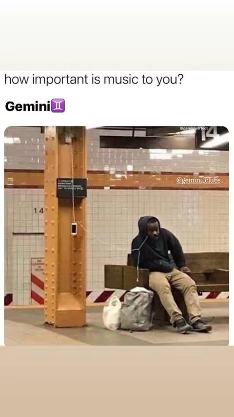 The image shows a person sitting at a subway station with headphones plugged in. Text overlay is visible at the top of the image asking about the importance of music with the zodiac star sign Gemini above the question.