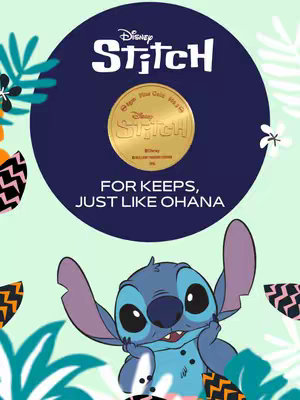 The image is a promotional graphic featuring the Disney character Stitch. A circular blue background dominates the top half, with the Disney Stitch logo in white. Below the logo is a gold coin-like object with 'Disney Stitch' and other text on it. Below this, Stitch is featured at the bottom, looking up adoringly, with a light green background.