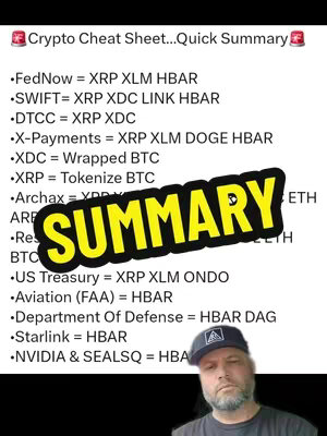 The cover image is a vertical graphic featuring a person, a summary list, and some logos. At the bottom, there's a partial view of a man with a beard wearing a baseball cap. Above him is a white list against a black background that presents pairs of terms and cryptocurrency abbreviations related to crypto. Above the list, there's a header with the title. A large yellow rectangle with the word 'SUMMARY' overlaps the list, placed at an angle.