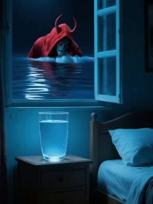 A surreal, nighttime scene featuring a glass of water on a nightstand, with a figure in a red hooded cloak emerging from water visible through an open window. The room has a bluish color, with a bed and an open window.