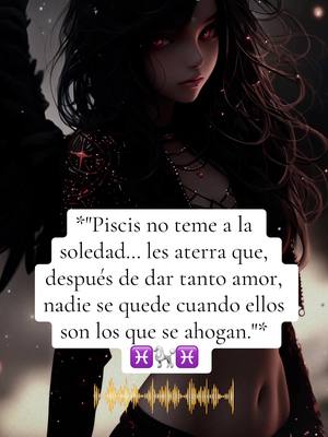 A digitally created image featuring a dark-haired woman with red eyes, wearing a black outfit. The image is stylized with an anime aesthetic. Text overlays on a white box below the woman, including a quote. A sound wave graphic appears at the bottom.