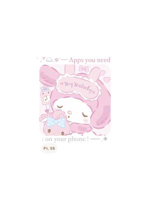 The cover image features a cute My Melody character in a pink, pastel color scheme. The character is wearing a sleep mask and hugging another My Melody character, both drawn in a cartoon style. The background is white with subtle design elements like bows and hearts. Text overlays include 'Apps you need' and 'on your phone!' in a simple font, indicating the video's topic.