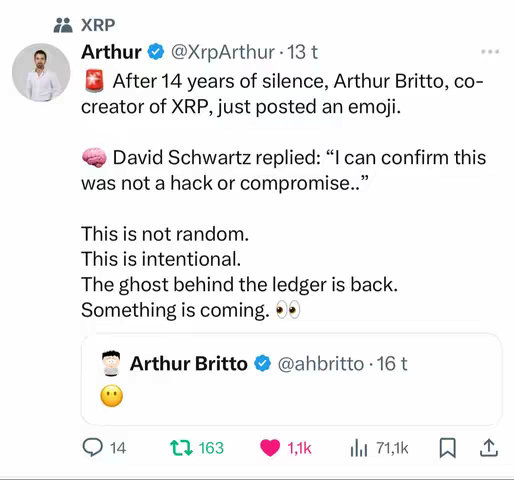 The cover image is a screenshot of a Twitter post, primarily white and gray with black text. It shows the name of the social media profile, a profile picture, the username, and some text stating, "After 14 years of silence, Arthur Britto, co-creator of XRP, just posted an emoji." Below that, another user's reply is visible. There's a call to action at the end, reading, “Something is coming.” The overall composition is a typical social media interaction layout.
