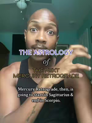 A man with a bald head and a surprised expression is in the frame. Overlaying the image are text elements discussing astrology.