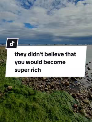 The cover image shows a coastal scene. The foreground is dominated by green moss-covered rocks, leading towards a sandy beach and a calm body of water under a cloudy sky. A white rectangular box with the TikTok logo in the top left corner contains the text 'they didn't believe that you would become super rich'.