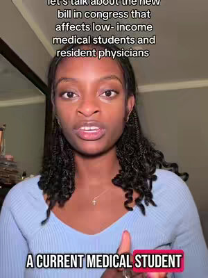 A young woman with dark hair and a light blue top is centered in the shot, speaking directly to the camera. Above her, white text overlays, and below her, red text reads 'A CURRENT MEDICAL STUDENT.' The background appears to be a room interior, possibly a bedroom, with a mirror and some objects visible. The overall composition is close-up, focusing on the speaker.