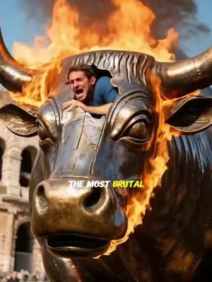 A close-up shot shows a man inside a bronze-colored brazen bull statue. The man's face is visible through an opening at the top, with a look of panic and distress, hair is dark brown. Flames are engulfing the top and sides of the bull statue. The background is blurred, with what appears to be a building or structure.