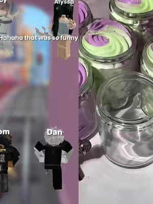The cover image is divided into sections. On the left, there are Roblox avatars, with character models labeled with names. On the right, there are jars with colorful frosting on them, and a blurred background. Above the avatars, text reads "Hahaha that was so funny".