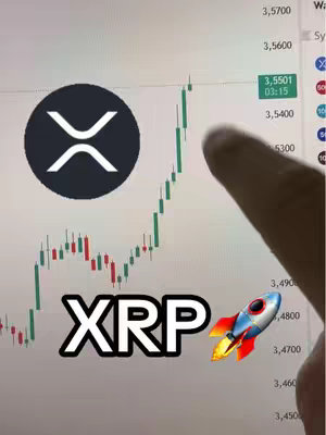 The image shows a stock chart indicating the price movement of XRP (Ripple cryptocurrency), with a chart overlaid by the XRP logo and a rocket graphic, as the creator interacts with the chart.