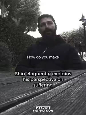 The image shows Shia LaBeouf sitting at a wooden table, with outdoor scenery blurred in the background. Text overlays provide the hook of the video. The composition is framed in a vertical format, with text and the actor in a naturalistic setting.