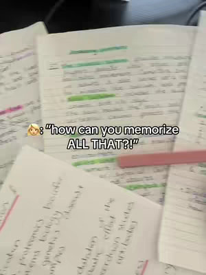 The cover image shows a close-up of handwritten notes on several pages. The notes are filled with text and highlighted with different colored markers. Some pages are overlapping. Overlayed text includes a female face emoji followed by the question: "how can you memorize ALL THAT?!"