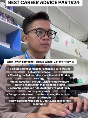 A man wearing glasses and a shirt is the primary focus, with text overlays presenting career advice. The background includes shelves and a blue and white wall.