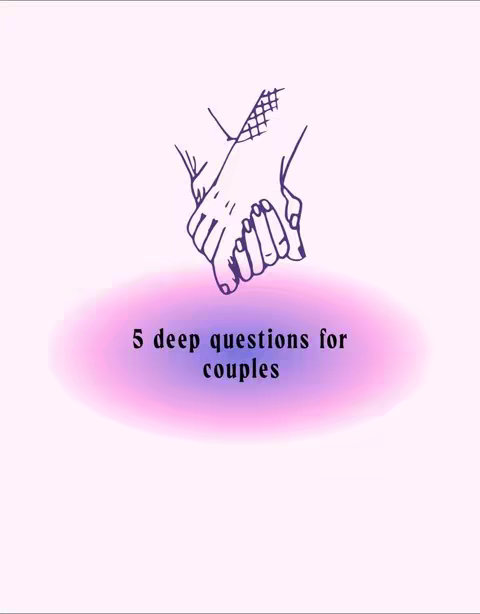An illustration depicts two hands clasped together, set against a soft, light-pink background. Above the hands, a dark blue outline of the hands, suggesting connection and unity. Below the hands is a blurred, oval-shaped area in shades of pink and purple, on which the text "5 deep questions for couples" is displayed in a classic serif font.