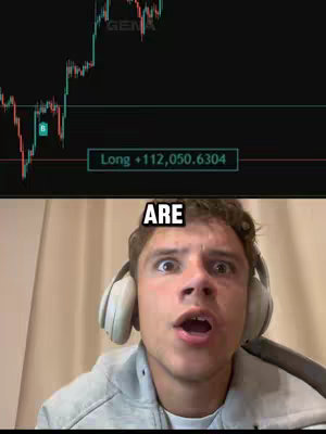 The cover image is split horizontally with a technical chart at the top showing a green trend line with 'GEN' in the top left, a green line with a 'B' symbol next to it and text 'Long +112,050.6304' in the mid-section. The bottom half shows a young man looking directly at the camera with a wide open surprised expression, open mouth, and wearing headphones.