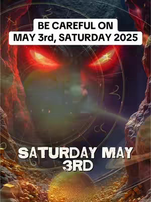 The image features a dramatic, fantasy-themed design. The background shows a swirling vortex with a celestial ring overlaid with zodiac symbols. Emerging from the central vortex are menacing, glowing red eyes. The foreground includes the text, "BE CAREFUL ON MAY 3rd, SATURDAY 2025" in a white rectangular box, and the words "SATURDAY MAY 3RD" in large, bold, white font at the bottom. The color scheme is primarily dark, with red and gold accents, suggesting a sense of foreboding and mystery.