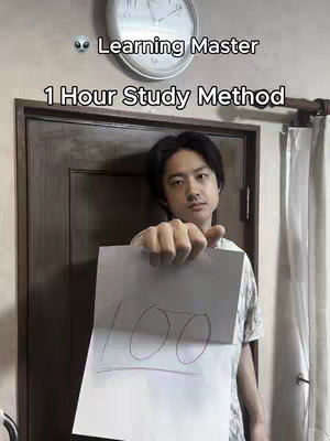 A man stands in front of a brown door and white curtain, holding up a paper with the number 100 written on it. Above the man is a clock. The text overlayed reads: "Learning Master" and "1 Hour Study Method".
